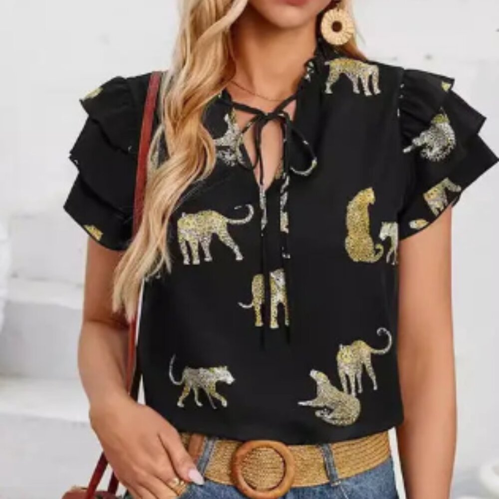 Loose Ruffle Sleeves Animal Printed Layered Pleated Tied V-Neck T-Shirts Top